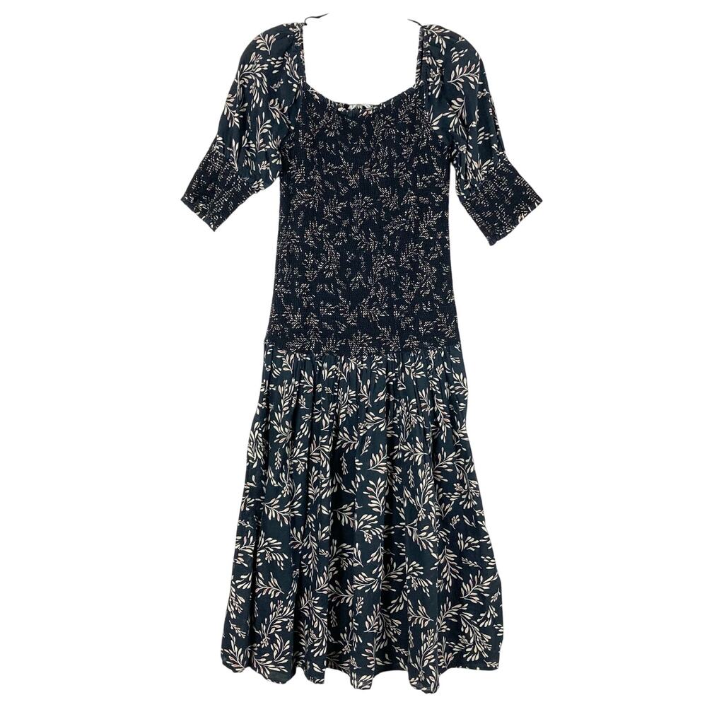 NWOT ZARA Dress M Linen Floral Off/On-Shoulder Puff-1/2-Sleeve Fit&Flare Smocked - Picture 5 of 14